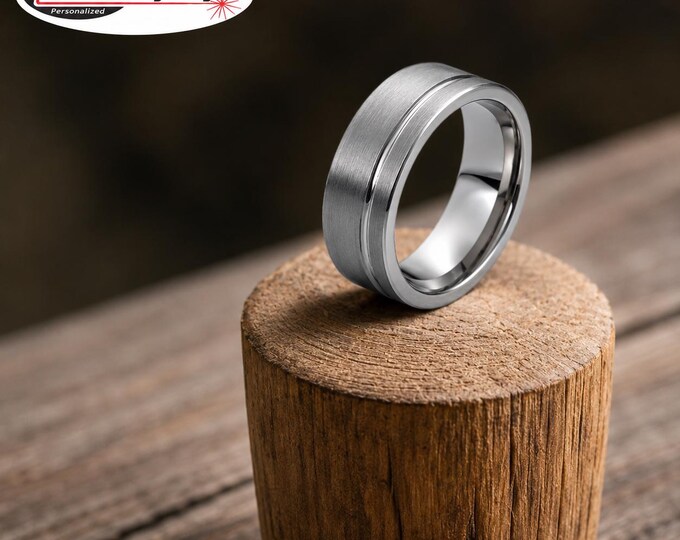 Custom Engraved 8mm Tungsten Wedding Band, Brushed Center Ring with Grooved Cut, Personalized Couples Ring, Comfort Fit Promise Ring Gift