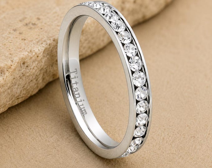 Custom Engraved Titanium Eternity Ring, White Gold Plated CZ Wedding Band, Personalized Promise Ring, Cubic Zirconia Anniversary Bridal Band