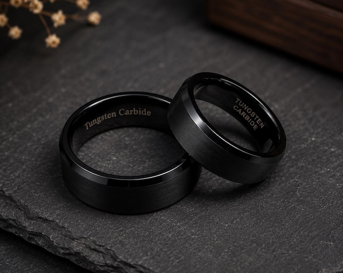 Personalized Black Tungsten Wedding Band, Custom Engraved Beveled Edge Ring, Modern Men’s Anniversary Ring, Unique Groom Durable Black Band