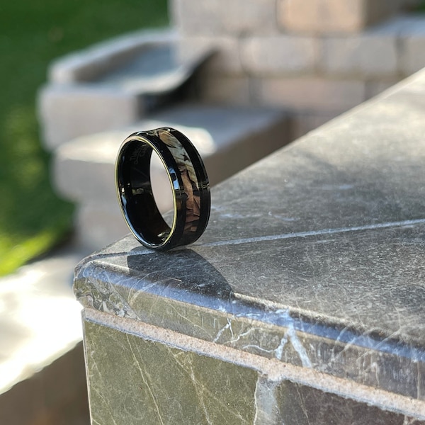 Custom Engraving - 8mm Black Tungsten Carbide  Beveled Edge with Forest Hunter Camo Inlay Wedding Band Ring for Men