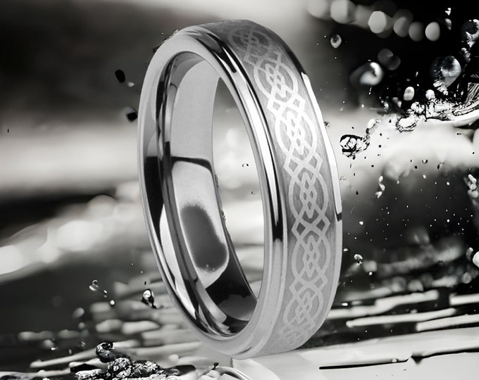 Custom Celtic Knot Tungsten Ring, 6mm Engraved Wedding Band, Loyal Symbol Ring, Anniversary or Engagement Ring Gift for Him or Her