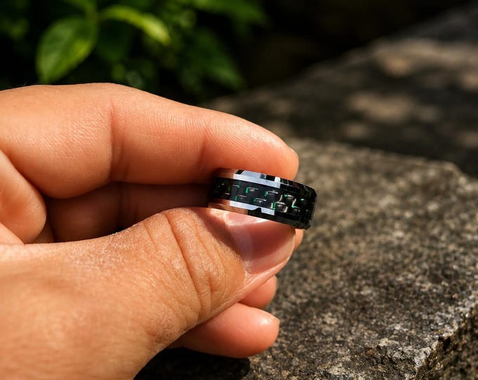 Custom Engraved Black Tungsten Carbide Ring with Green Carbon Fiber Inlay, Personalized St. Patrick's Wedding Band, Irish Promise Ring