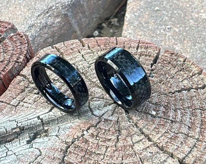 Wedding Band Set for Him & Her, Custom Engraved Black Tungsten Rings, 8mm/6mm Rings with Carbon Fiber Inlay, Stylish and Personalized Gift