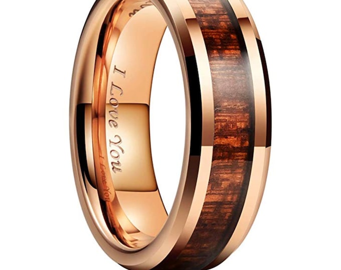 8mm Tungsten Carbide Ring with KOA Wood Inlay, Custom Engraved Dainty Ring, Beveled Wedding Band for Men & Women, Unique Love Gift