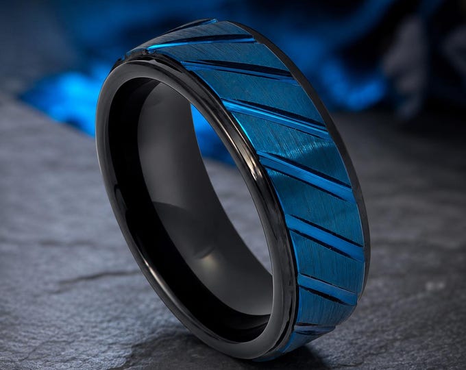 Black & Blue Tungsten Wedding Band 8mm, Grooved Couples Ring, Durable Carbide Comfort Fit Engagement Ring, Modern Minimalist Jewelry