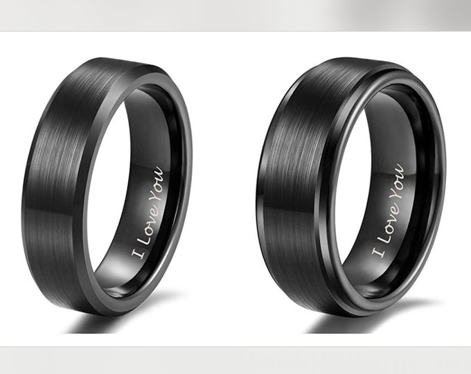 Custom Black Tungsten Dainty Ring, 8mm or 6mm Engraved Band for Him or Her, Personalized Engagement Ring, Romantic Gift Promise Ring