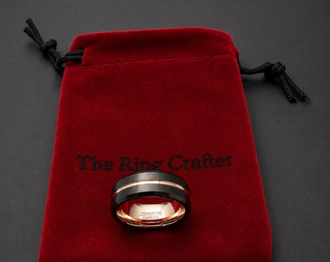 Custom Engraved Tungsten Carbide Ring, Brown & Rose Gold Wedding Band, Unique Rustic Couple's Ring, Personalized Anniversary Jewelry