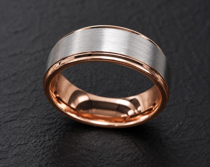 6mm Tungsten Carbide Ring, Rose Gold Step Edge Band, Carbon Fiber Inlay Wedding Ring, Custom Engraved Anniversary Promise Ring Gift