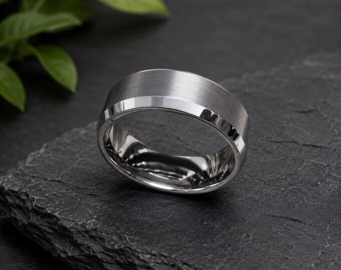 8mm Tungsten Wedding Band, Beveled Edge Ring with Brushed Center, Custom Engraved Comfort Fit Anniversary Band, Durable Modern Promise Ring