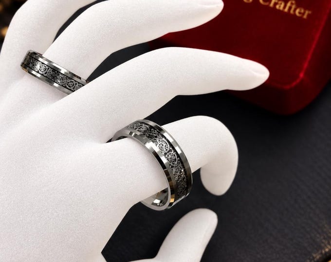 Celtic Dragon Knot Tungsten Ring Set, Black Carbon Fiber Inlay Bands, Unique Couple Rings, Symbolic Love Jewelry, Engraved Dainty Gift