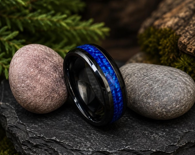 Personalized Black Ceramic Ring, Wedding Band with Blue Carbon Fiber Inlay, Engraved Couples Ring, Modern Matte Finish Anniversary Gift