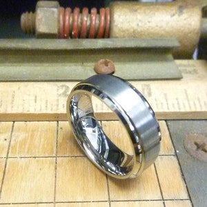 Personalized Tungsten Wedding Band, 8mm Custom Statement Ring, Laser Engraved Ring for Him or Her, Brushed Center & Step Edge Design Ring
