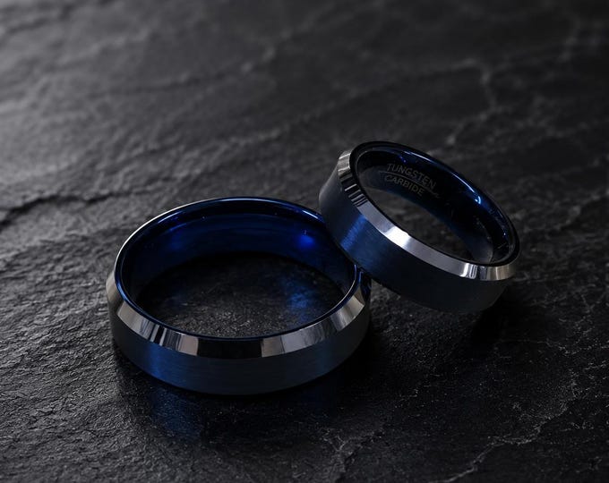 Blue Tungsten Carbide Wedding Band Set, Custom Engraved Ring, Beveled Edge His and Hers Wedding Rings, Personalized Promise Band for Couples