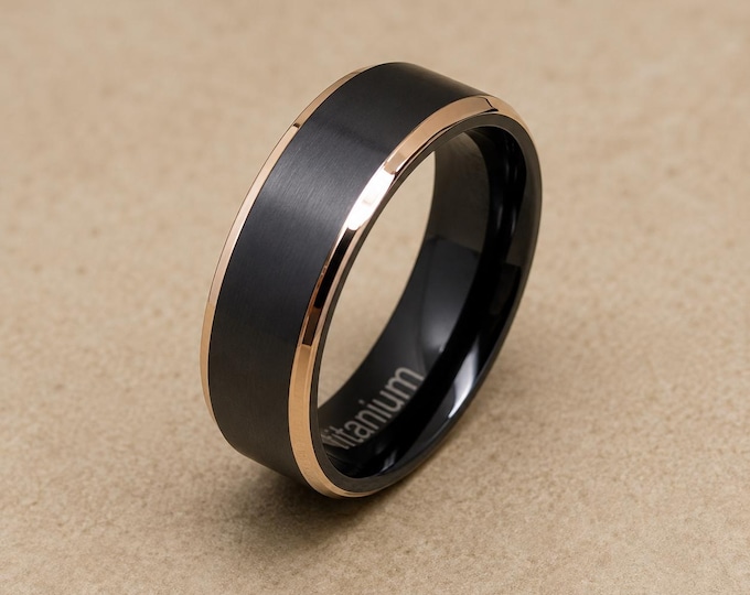 Custom Engraved Titanium Wedding Band 8mm, Black Brushed Ring with Rose Gold Detail, Personalized Wedding Ring, Anniversary Comfort Fit Band