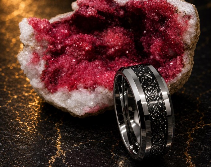 Personalized Tungsten Carbide Men's Ring, Black Celtic Dragon Wedding Band, Meteorite Inlay Ring Jewelry, Custom Engraved Anniversary Gift
