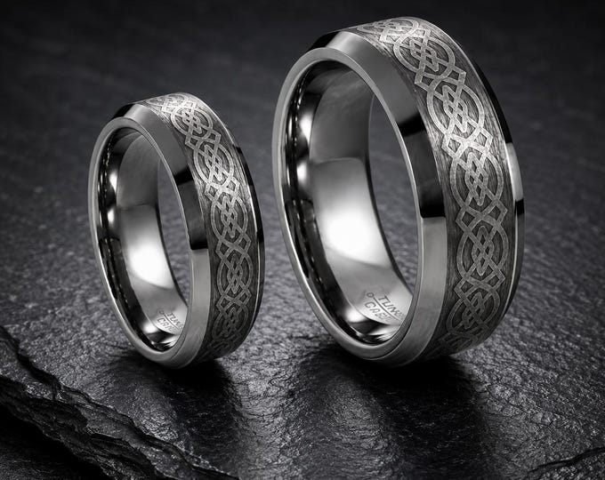 Engraved Tungsten Celtic Knot Wedding Band, Personalized Matching Couple Rings, Custom Wedding Ring, Comfort Fit His & Hers Promise Band
