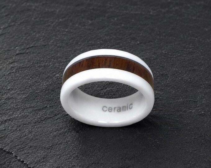 Wood Inlay Domed White Ceramic Wedding Band, 8mm Ceramic Inlaid Koa Wood Wedding Ring, Faceted White Ceramic Men's Ring, Koa Wood Inlay Band