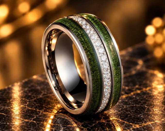 Tungsten Wedding Band with Jade Wood Inlay & White CZ Eternity Style, Personalized Free Engraving Couple Ring, Unique Engagement Jewelry
