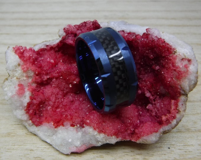 Custom Engraving - 9mm Tungsten Carbide Blue IP Plating With Black Carbon Fiber Inlay and Edge Notch Wedding Band Ring for Men Or Women