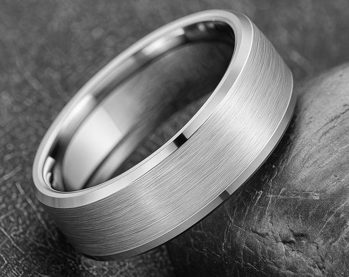 Personalized Tungsten Carbide Wedding Band – Brushed Center, Beveled Edge