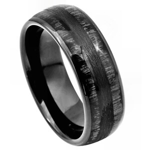 Domed Charcoal Wood Inlay Band, Free Custom Engraved Black IP Ring, Men’s & Women’s Wedding Ring, Comfort Fit Hypoallergenic Gift