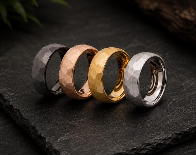 Personalized 8mm Hammered Tungsten Carbide Ring, Custom Engraved Black Silver Rose Gold Wedding Band, Comfort Fit Men's Women's Promise Ring
