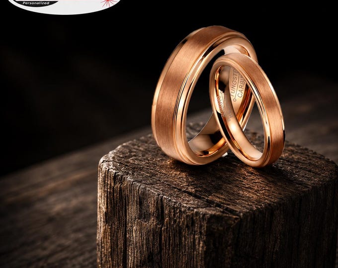 Personalized His & Hers Tungsten Wedding Band Set, Rose Gold Step Edge Rings, Custom Engraved Couples Wedding Bands, Matching Promise Rings