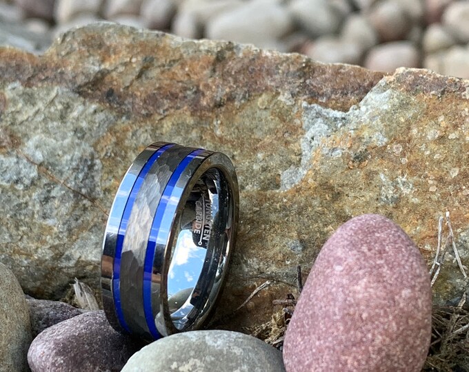 Brushed Hammered Tungsten Carbide Ring with Blue Trim, 8mm Engagement Wedding Band for Men & Women, Durable Anniversary Gift Ring