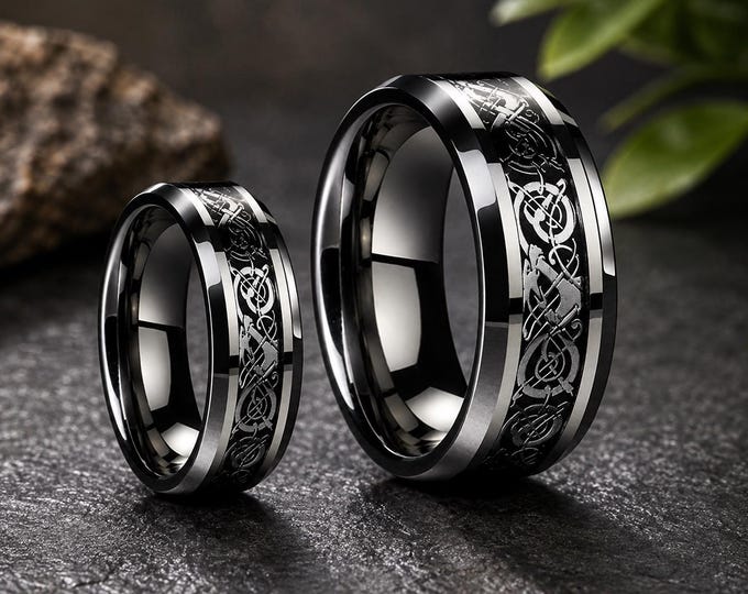 Personalized 8mm & 6mm Tungsten Carbide Celtic Dragon Knot Couple Rings, Matching Wedding Bands, Custom Engraved Unisex Anniversary Ring