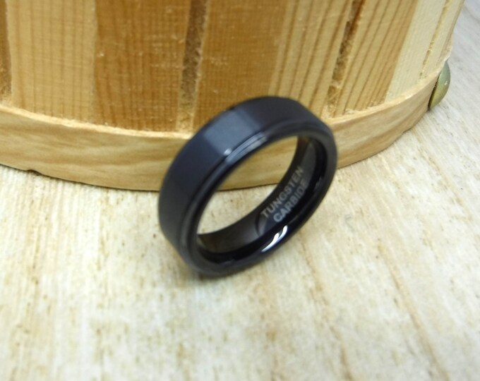 6mm Black Tungsten Carbide Ring, Custom Engraved Statement Ring, Brushed Step Edge Wedding Band for Him or Her, Unisex Commitment Ring