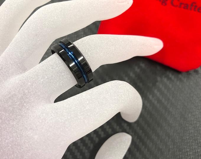 Black Tungsten Ring with Blue Groove Jewelry, Custom Engraved Couple Rings, Men & Women Engagement Ring, Tungsten Wedding Band Set