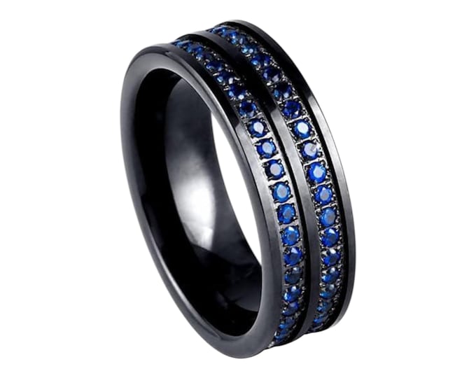 Custom Tungsten Ring for Him & Her, 8mm Black IP Band with Double Row Blue CZ, Free Engraving Wedding Band, Promise or Anniversary Ring