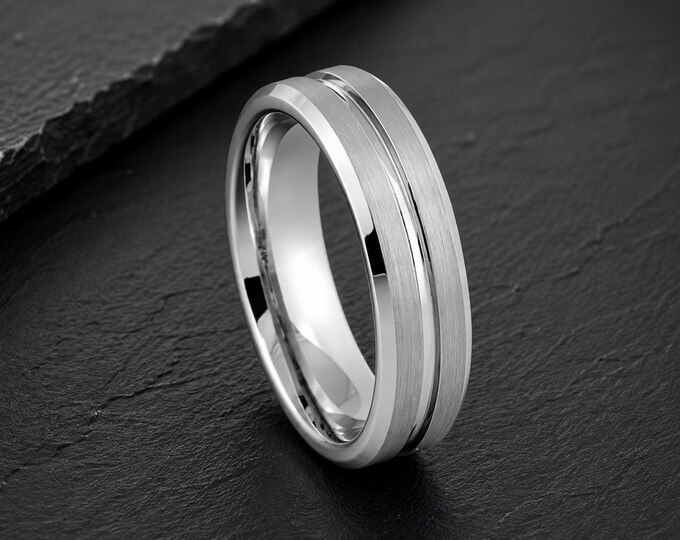 Custom Engraved White Tungsten Wedding Band 6mm, Platinum Plated Promise Ring, Personalized Wedding Ring, Comfort Fit Anniversary Gift
