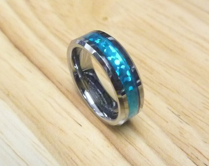 Personalized Carbide Ring for Men or Women, Custom Laser Engraving Tungsten Ring, 6mm Hawaiian Blue Inlay Wedding Band, Unique Couples Gift