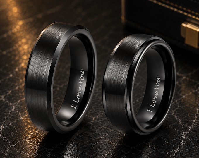 Personalized Black Tungsten Promise Ring with Engraved I Love You, Custom Wedding Band for Men, Anniversary Gift Valentine's Day Ring