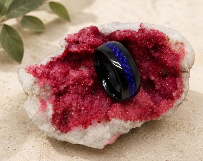8mm Black Tungsten Galaxy Blue Rings for Men, Gemstone Amethyst Inlay Band, Outer Space Nebula Sandstone Ring, Modern Blue Tungsten Ring