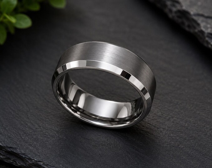Personalized Tungsten Carbide Wedding Ring, Custom Laser Engraved Beveled Edge Band, Stylish Couple’s Scratch-Resistant Anniversary Jewelry