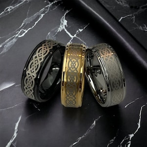Tungsten Carbide Wedding Bands with Celtic Knot, Custom His & Hers Statement Ring, Personalized Step Edge Engagement Rings for Men and Women