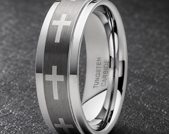Custom Christian Cross Tungsten Ring, Brushed Finish Wedding Band, Personalized Promise Ring, Durable Religious Engagement Band Gift