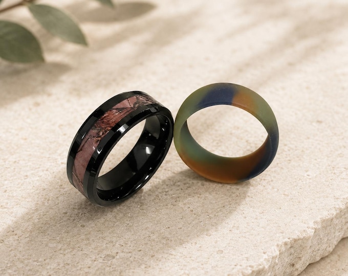 Antique Quicksand Black Tungsten Carbide Ring + Silicone Ring, Black Ceramic Hunter Camo Inlay Ring, Antler Whiskey Barrel Wedding Band