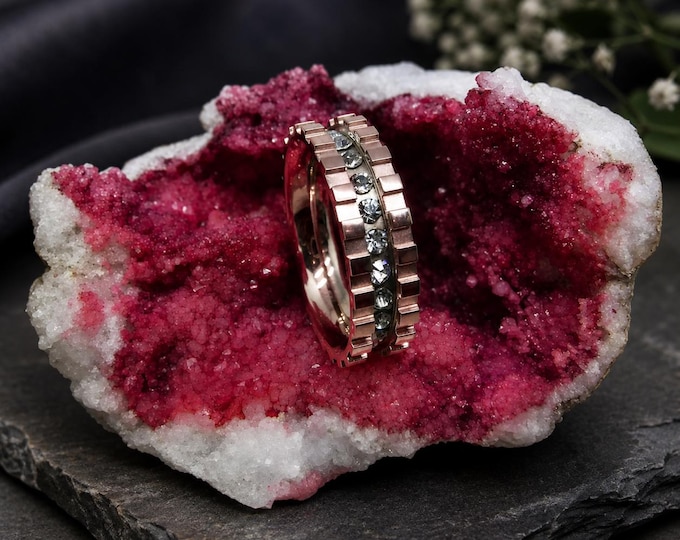 Personalized Rose Gold Titanium Wedding Band, CZ Channel Set Ring, Custom Engraved Wedding Ring, His & Hers Promise Band, Anniversary Gift