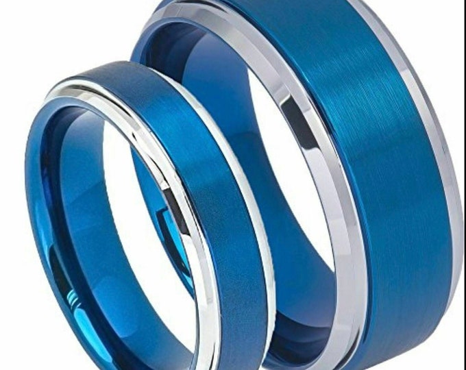 Tungsten Wedding Bands for Him & Her, Custom Engraved Blue Statement Ring, 8mm/6mm His and Hers Matching Ring Set with Shiny Step Edge