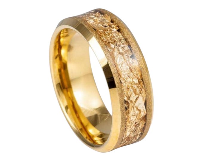 Free Engraving Dainty Ring, Custom Gold Foil Tungsten Ring, 8mm Gold IP Plated Wedding Band, Durable Hammered Finish Promise Ring