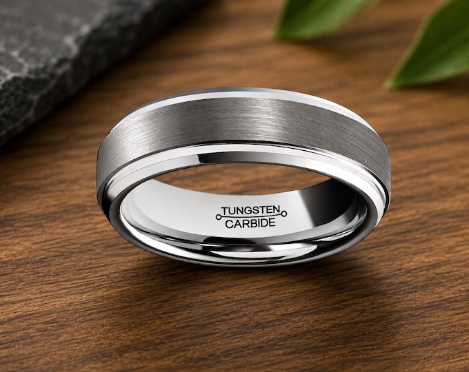Tungsten Wedding Band, Custom Engraved 6mm Ring, Gold Rose Gold Black Gunmetal Step Edge Men's Wedding Ring, Personalized Promise Band
