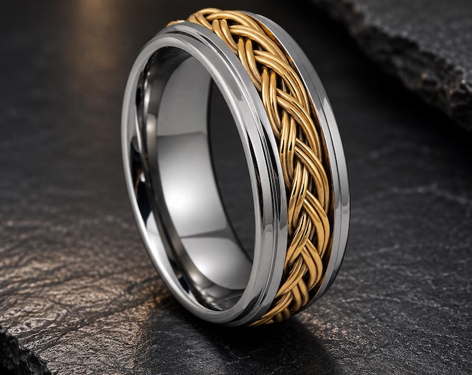 Custom Engraved Tungsten Band with Yellow Gold Braid Inlay, Personalized Ring, Comfort Fit Wedding Ring, Promise Band Gift for Couples
