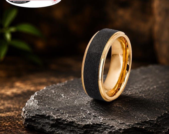 Personalized Rose Gold Tungsten Ring 8mm, Sandblasted Step Edge Wedding Band, Custom Laser Engraved Comfort Fit Ring, Promise Ring Gift
