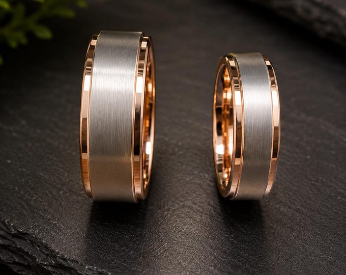 Personalized Tungsten Carbide Wedding Ring, Rose Gold Finish with Brushed Fiber Inlay, Custom Engraved Band, Unique Anniversary Jewelry
