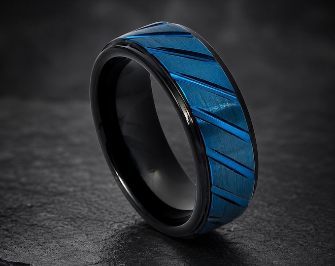 Engraved Blue Tungsten Ring, Brushed Black Two-Tone Wedding Band, Comfort Fit Custom Wedding Ring Anniversary Gift, Durable Band Jewelry