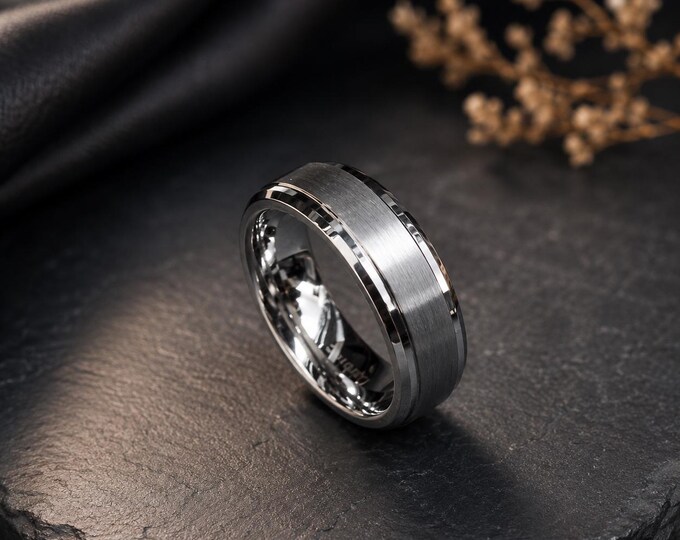 Brushed Step Edge Tungsten Carbide Ring, 6mm Custom Engraved Wedding Band for Him, Modern Durable Comfort Fit Promise Ring for Her
