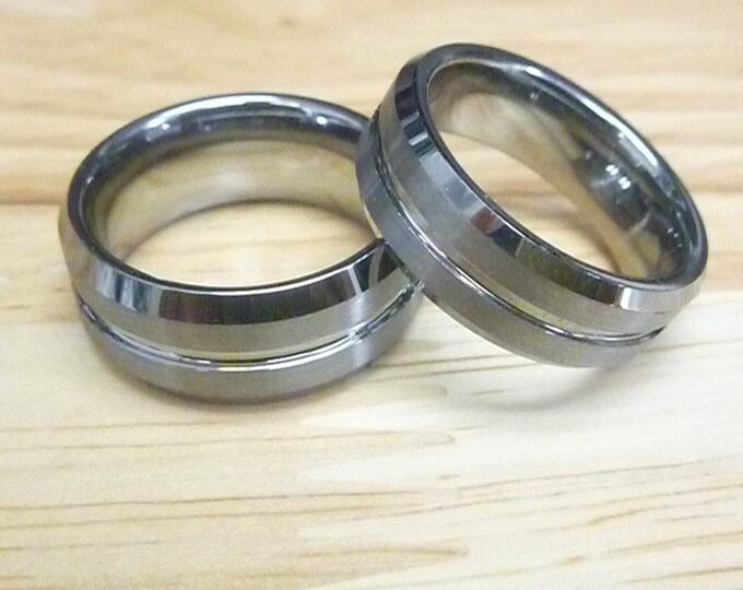 Custom Laser Engraving Ring - 8mm/6mm Tungsten Carbide Beveled Edge Center Groove Wedding Band Ring Set Gift for Her & Gift for Him